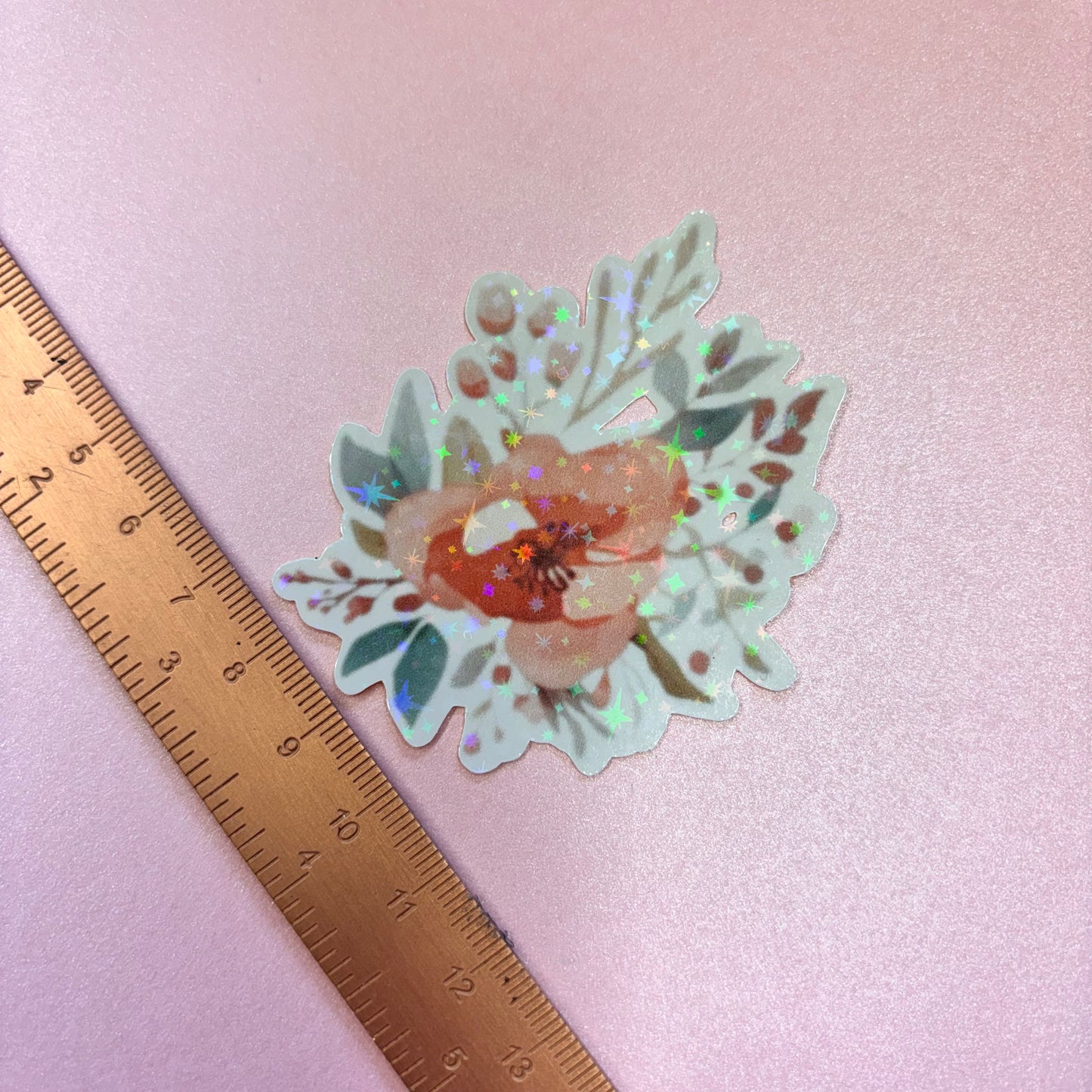 Delicate Roses Peach Florals Die Cut Sticker in Holographic