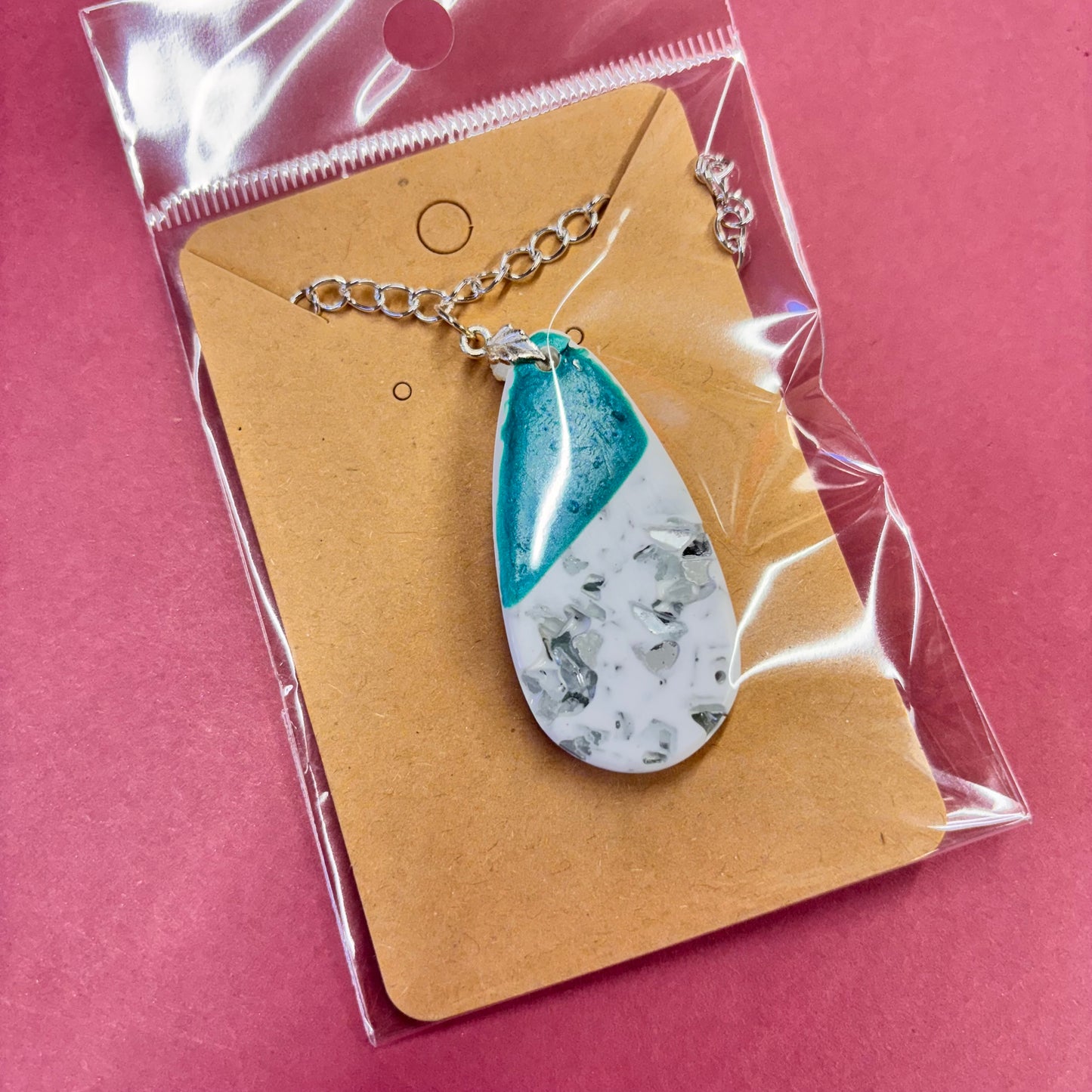 Teal Teardrop Mirror Crushed Glass Stones Eco Resin Pendant