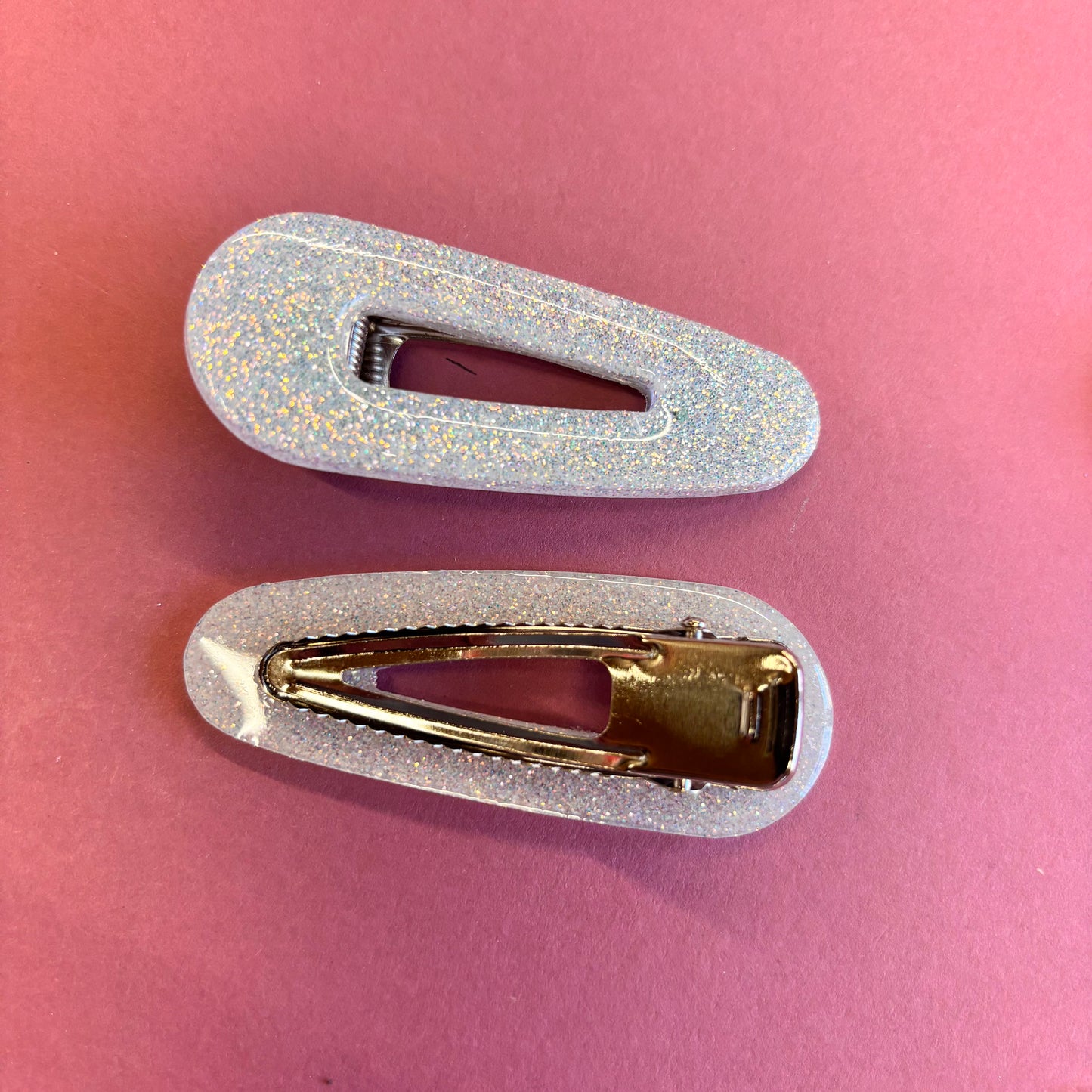2 White Glitter Oval Hair Clips