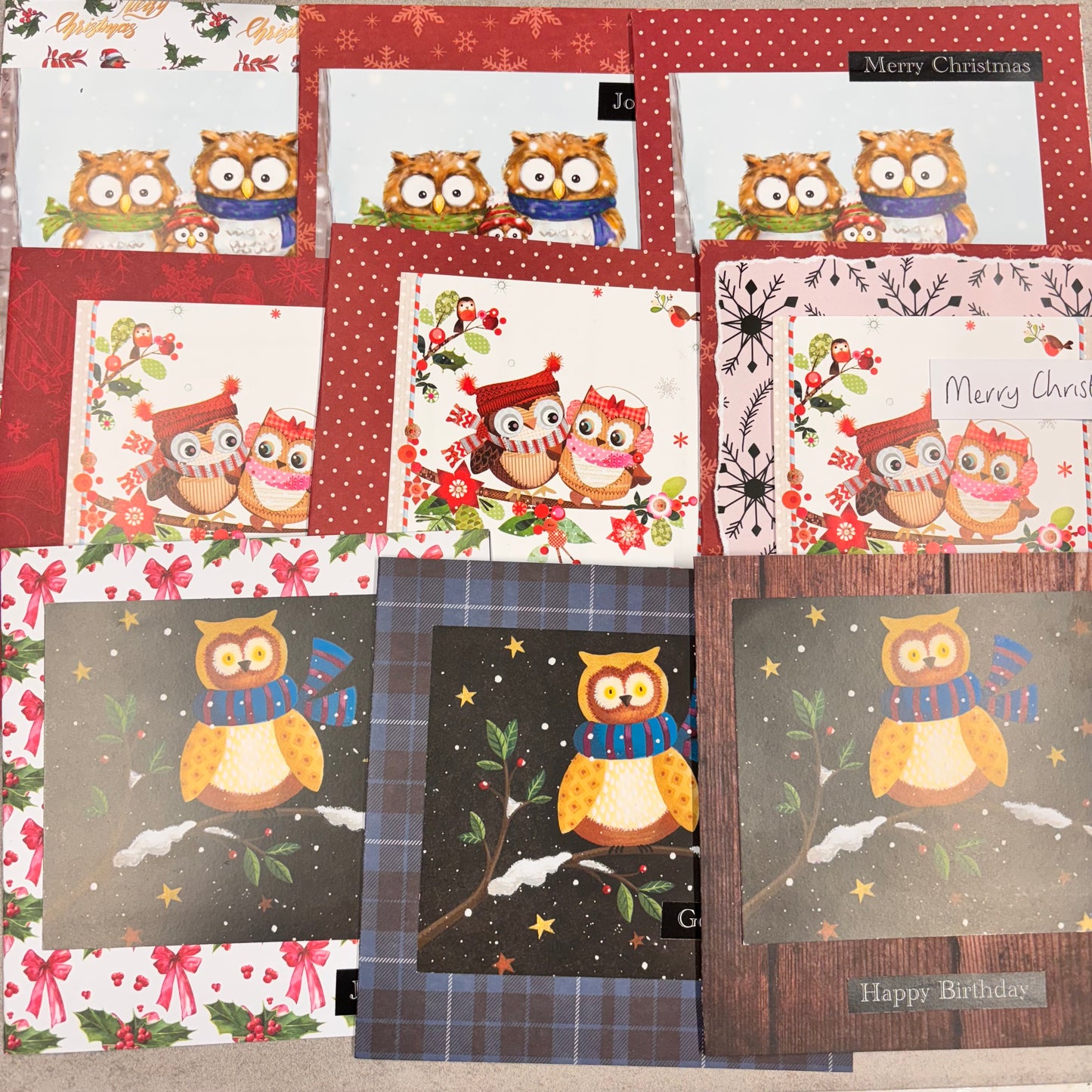 Handmade 9 Owl 6x6 Christmas Cards