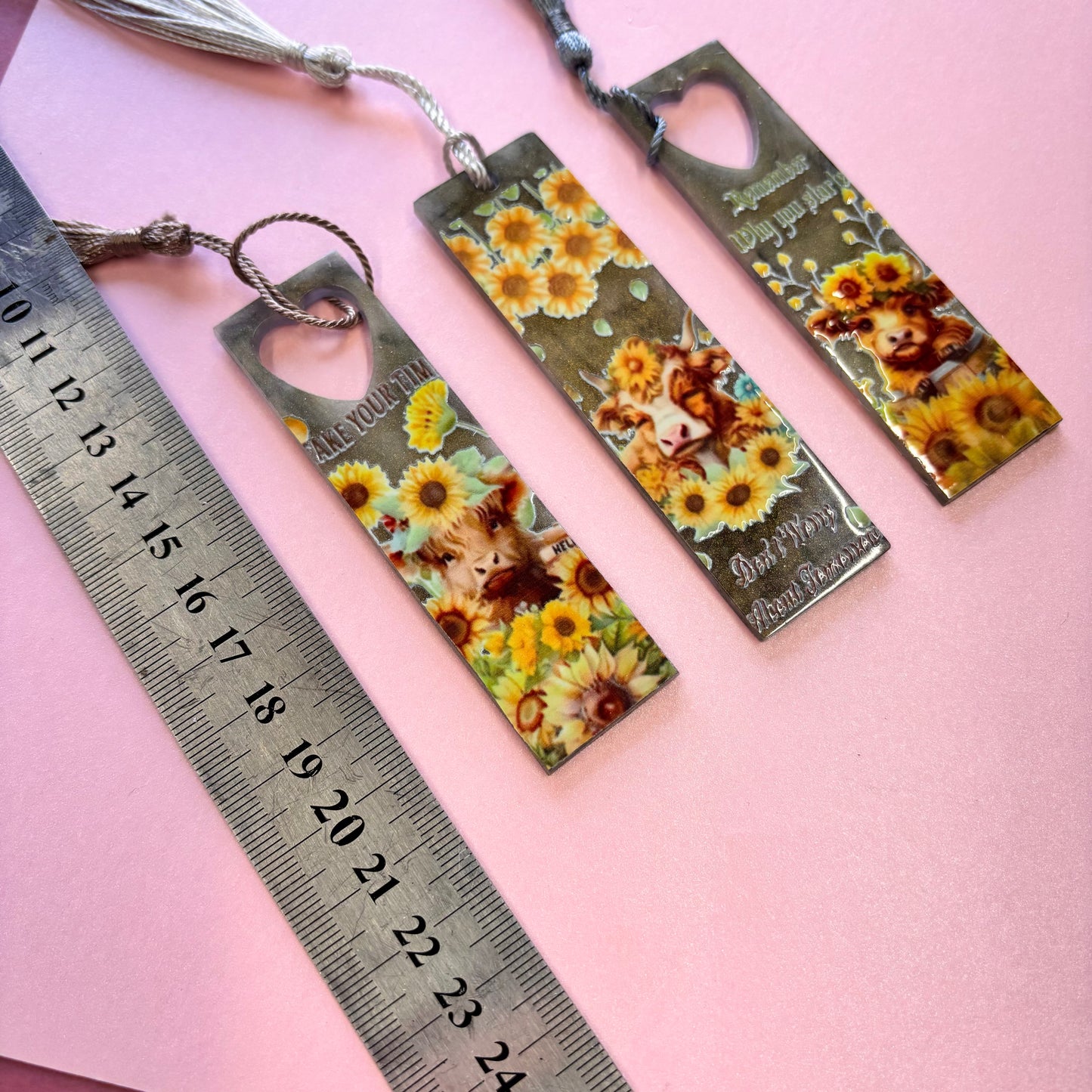Set of 3 Resin Sunflower Highland Cow Bookmarks With Tassels