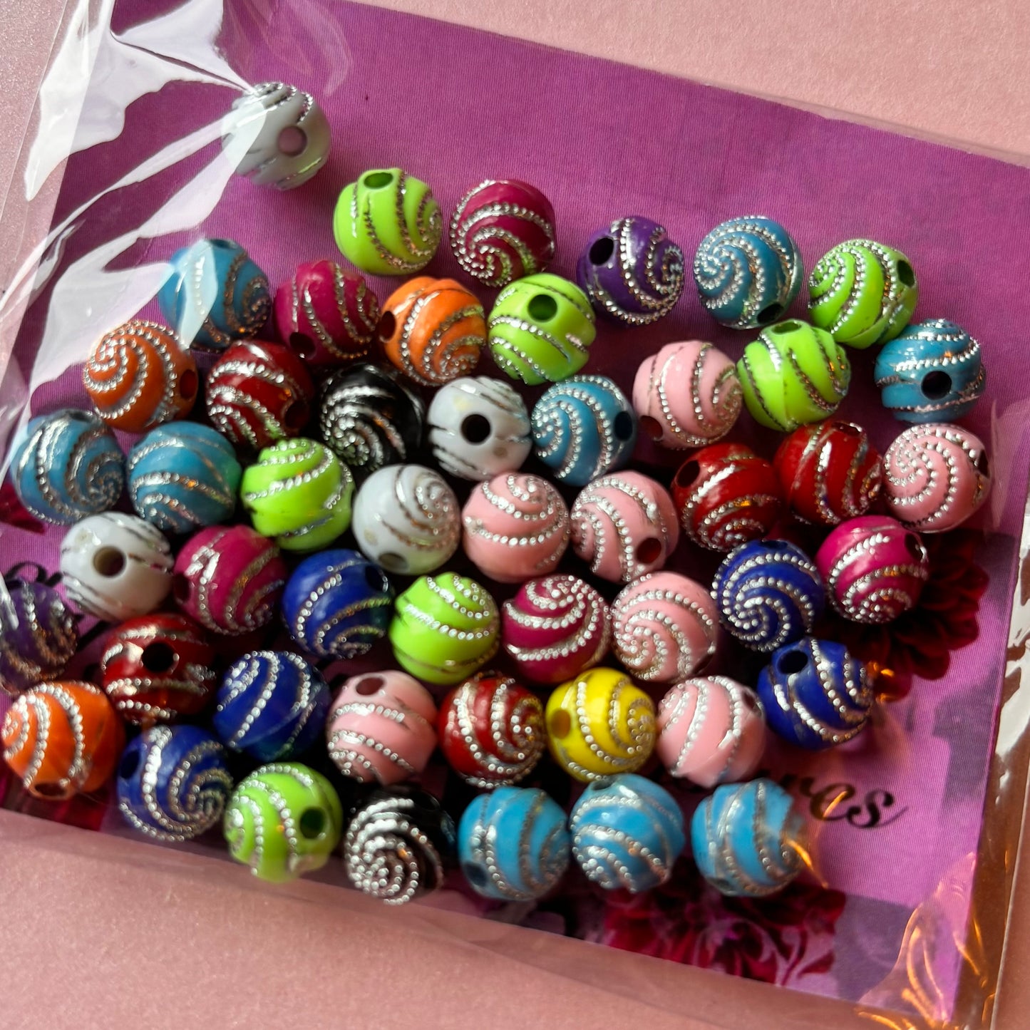 50 pcs 6mm Multi Coloured Round Acrylic Beads with Silver Detailing