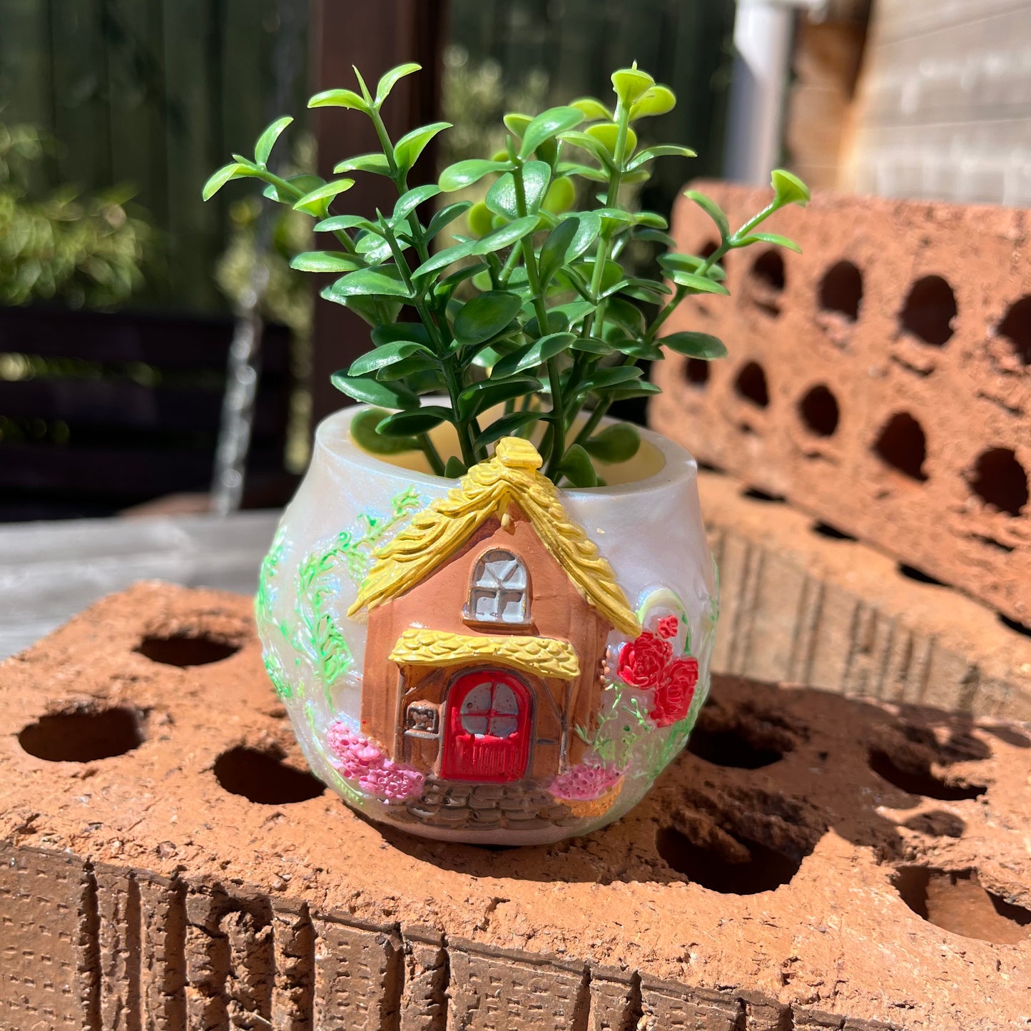 Colourful Cottage Scene 3d Resin Pot
