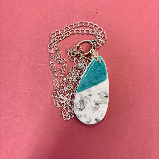 Teal Teardrop Mirror Crushed Glass Stones Eco Resin Pendant