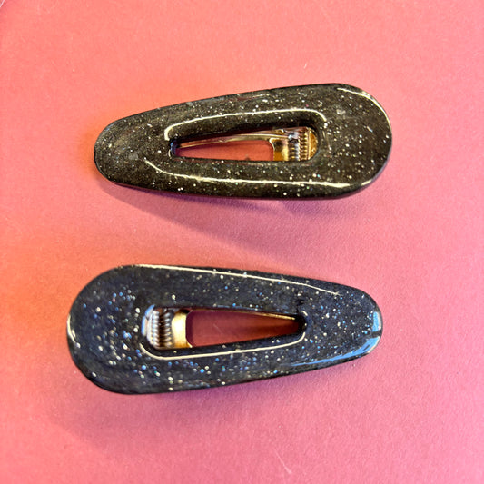 2 Black Glitter Oval Hair Clips
