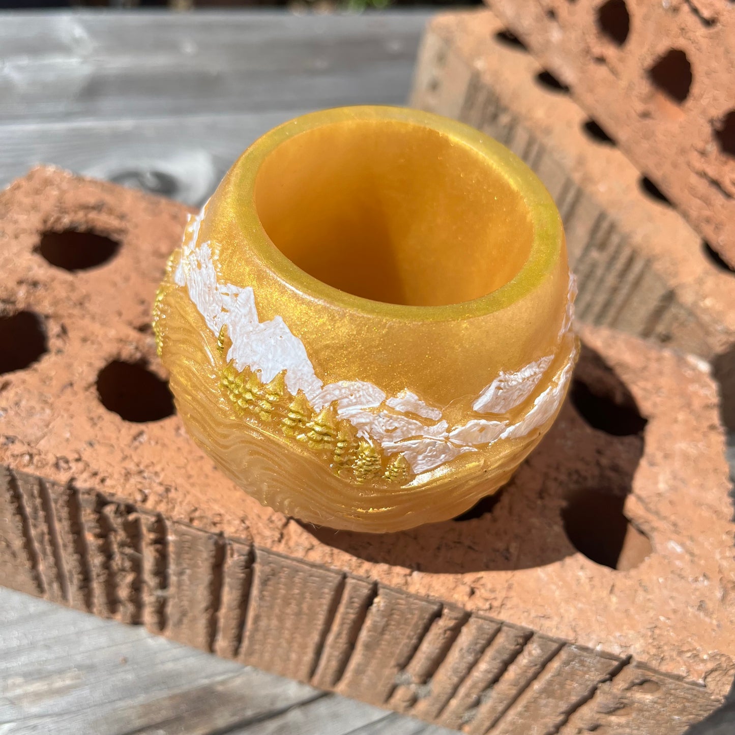 Gold and White Winter Scene Resin Pot