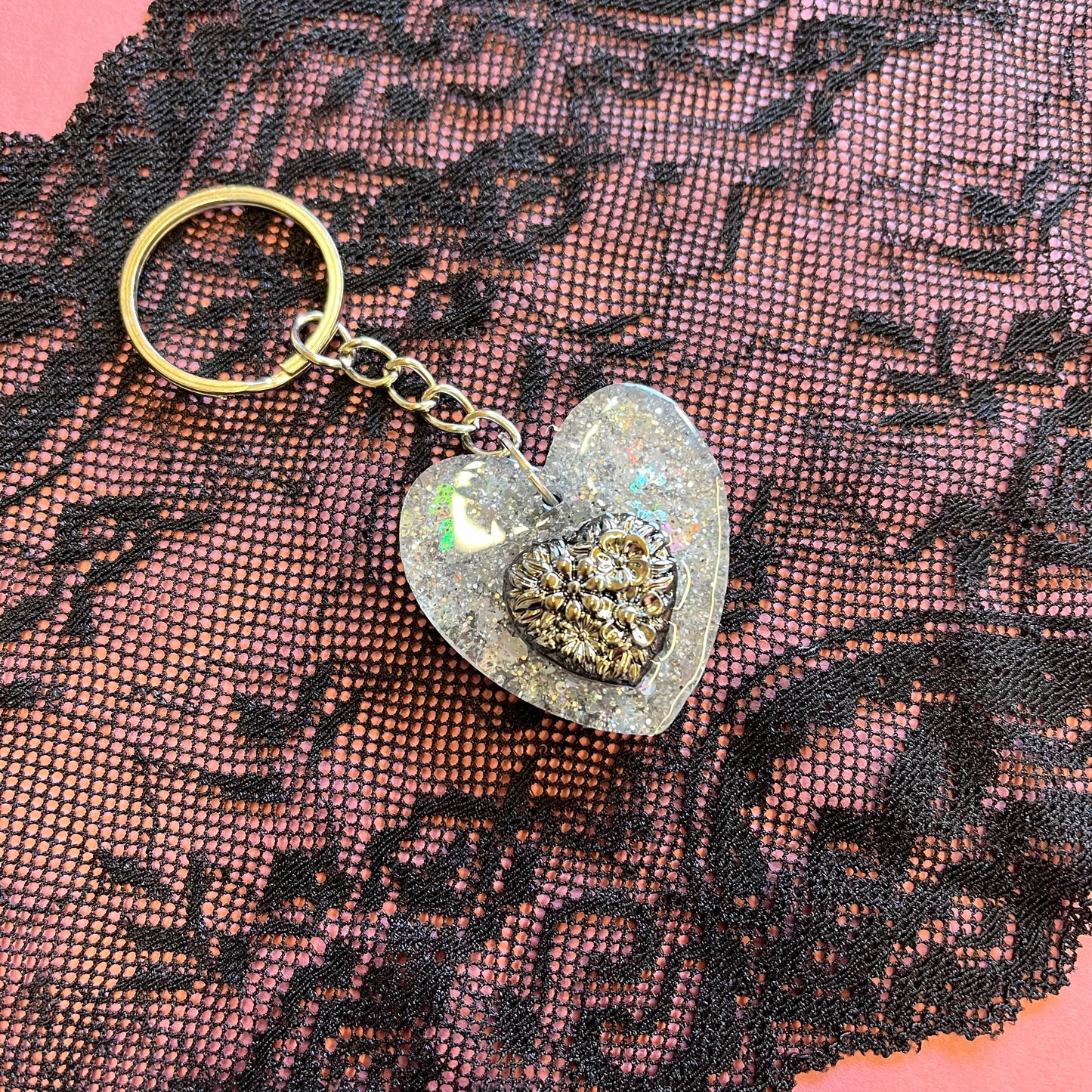 Silver Glitter Heart Keyring
