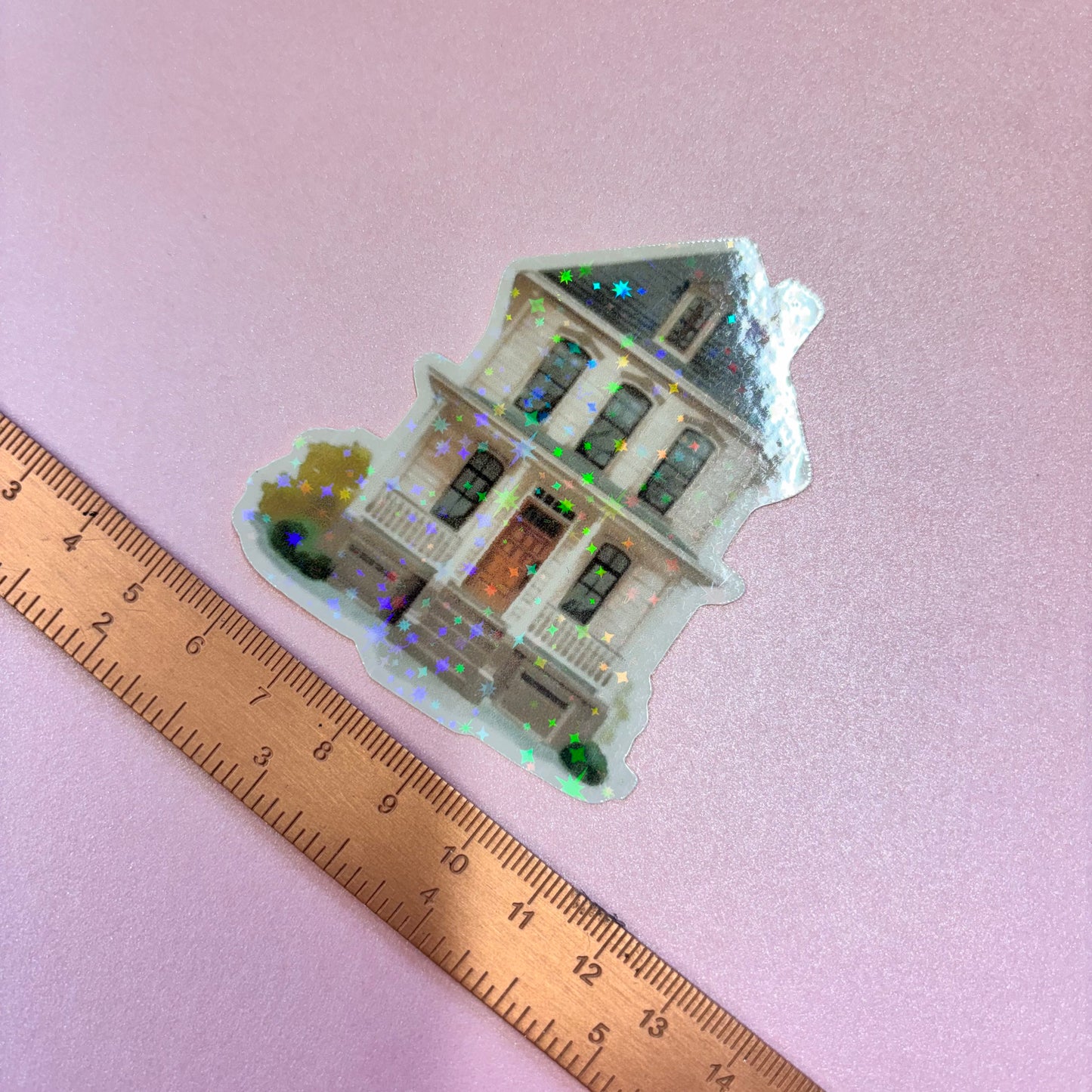 City Life Wooden House Die Cut Sticker in holographic
