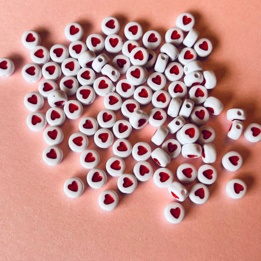 100 pcs 5mm White Acrylic Beads With Red Heart Detail