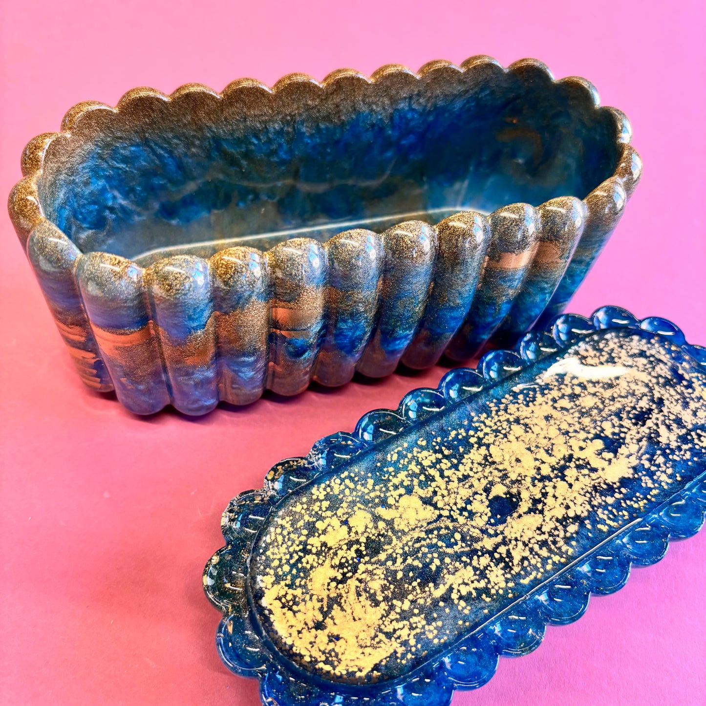 Blue and Gold Oval Lidded Pot