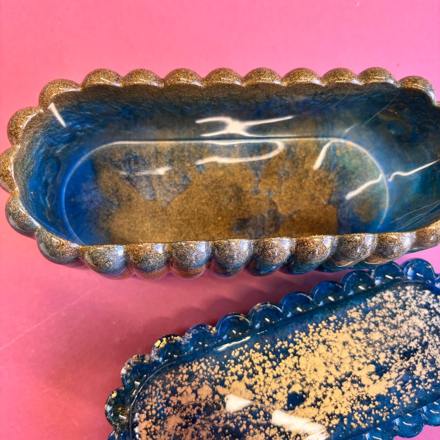 Blue and Gold Oval Lidded Pot