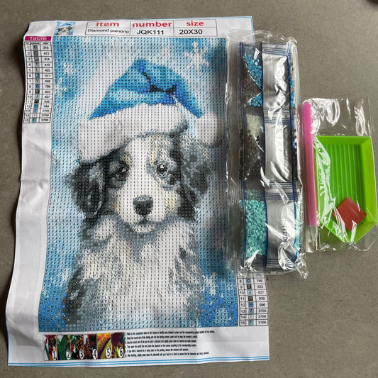 Dog In A Christmas Hat Diamond Art Complete Kit 20cm x 30cm