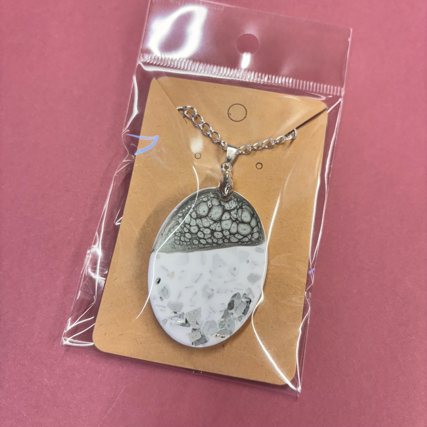 Grey Oval Mirror Crushed Glass Stones Eco Resin Pendant
