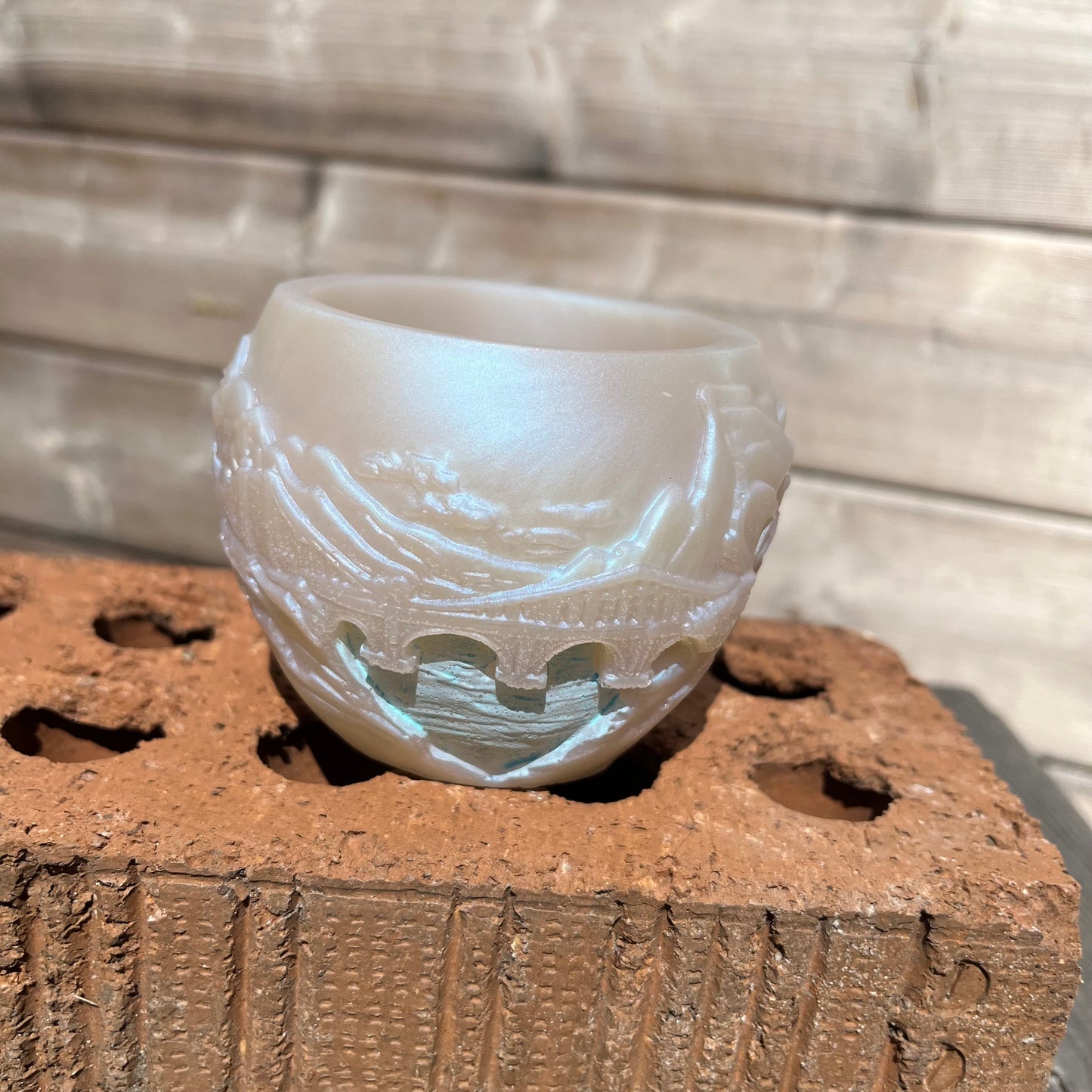 White Iridescent Bridge and Mountain  Scene 3d Resin Pot
