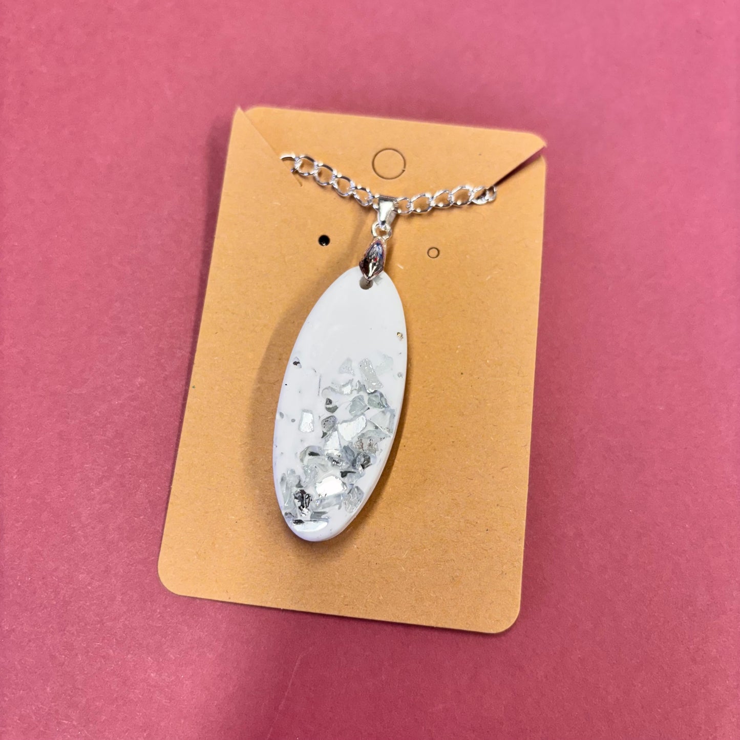 Oval Silver Mirror Crushed Glass Stones Eco Resin Pendant