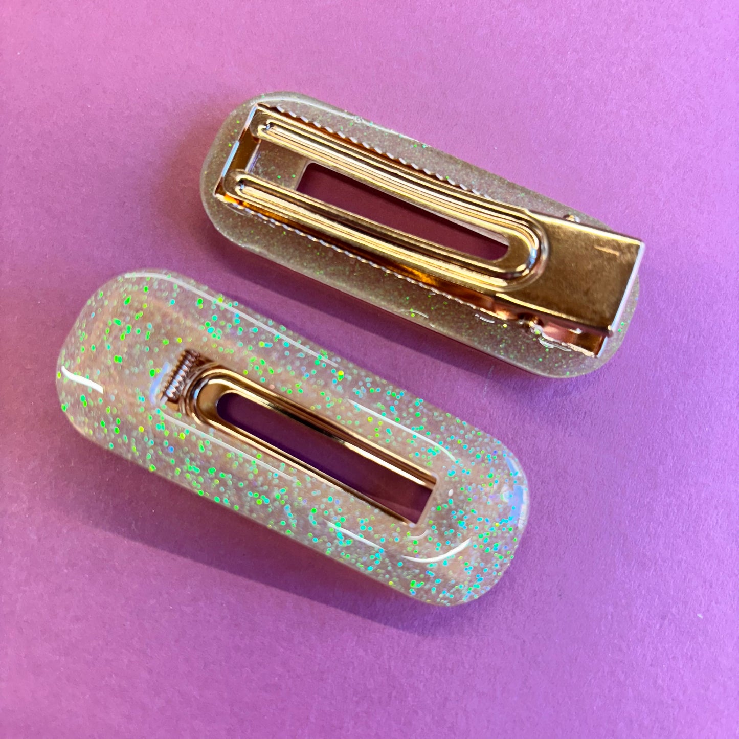 2 Yellow Glitter Rectangle Hair Clips