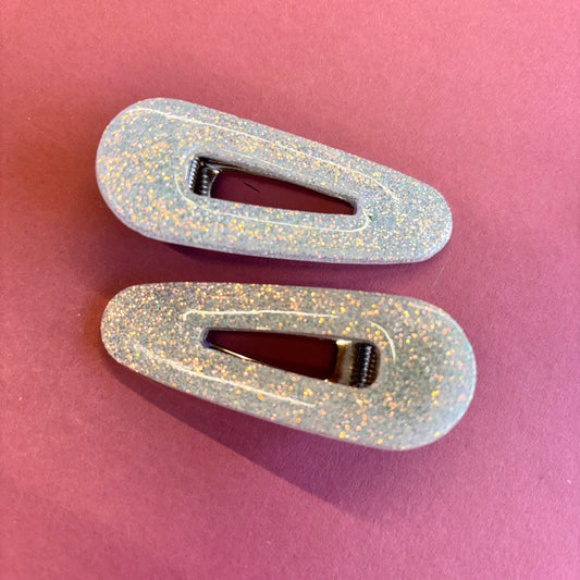 2 White Glitter Oval Hair Clips