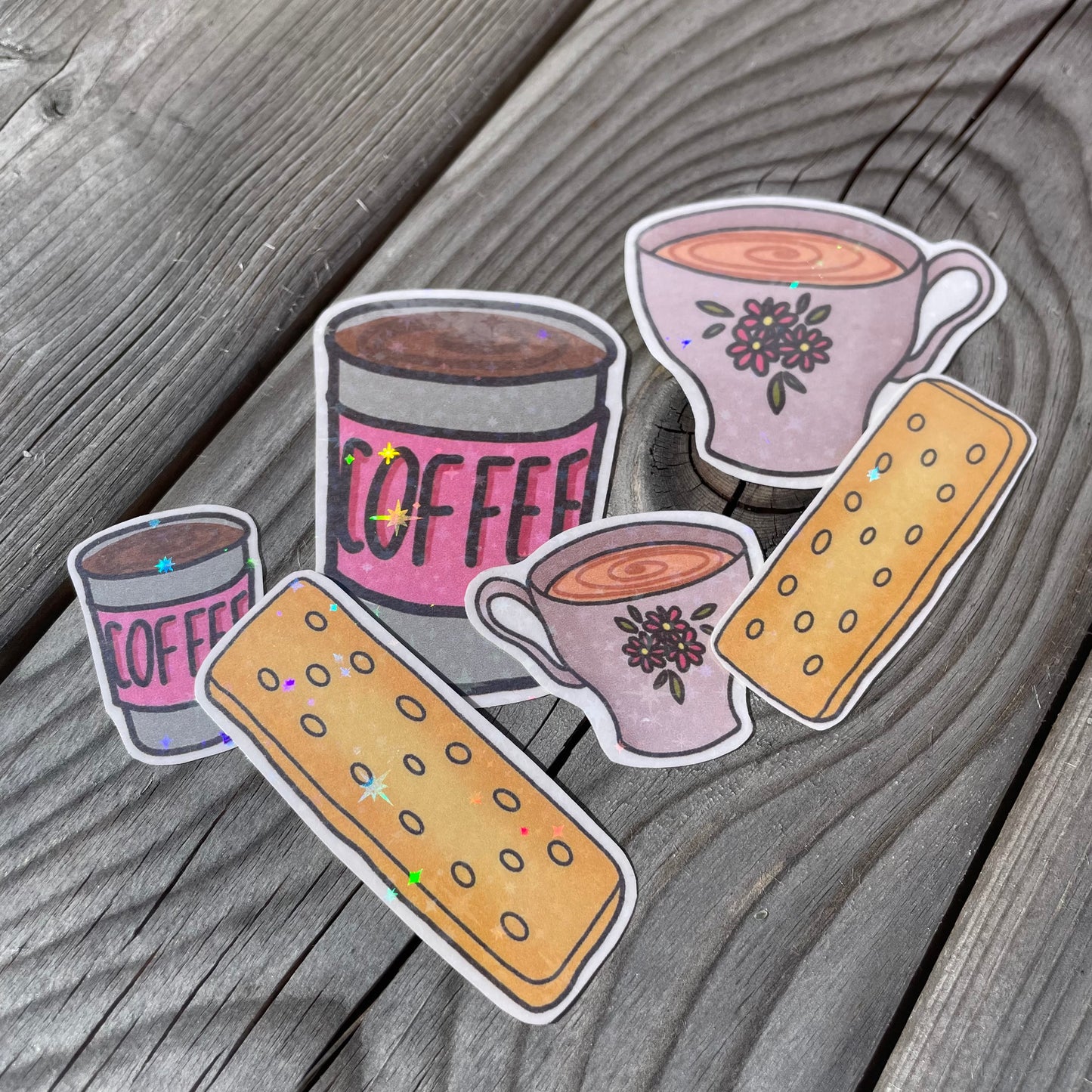 6 pc Tea Coffee and Shortbread Holographic Stickers