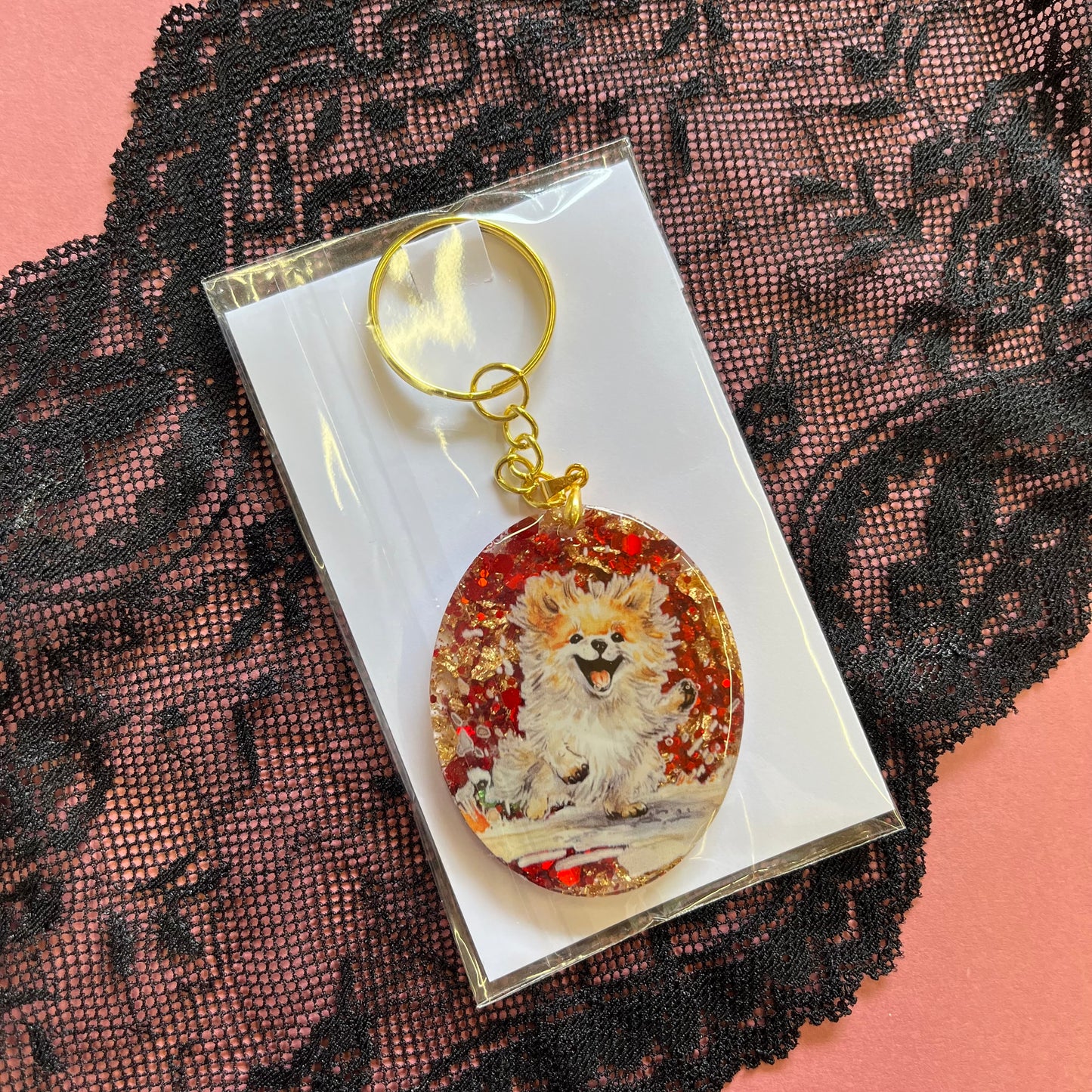 Red and Gold Doggy Resin Keyring