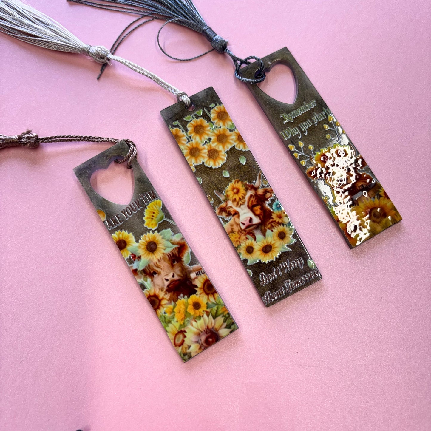 Set of 3 Resin Sunflower Highland Cow Bookmarks With Tassels