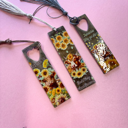 Set of 3 Resin Sunflower Highland Cow Bookmarks With Tassels