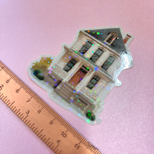 City Life Wooden House Die Cut Sticker in holographic