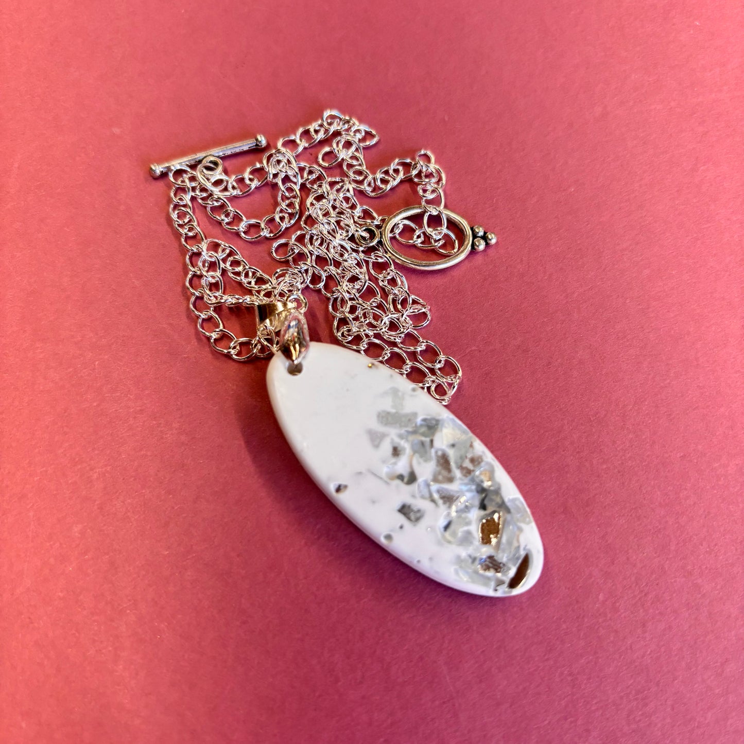 Oval Silver Mirror Crushed Glass Stones Eco Resin Pendant