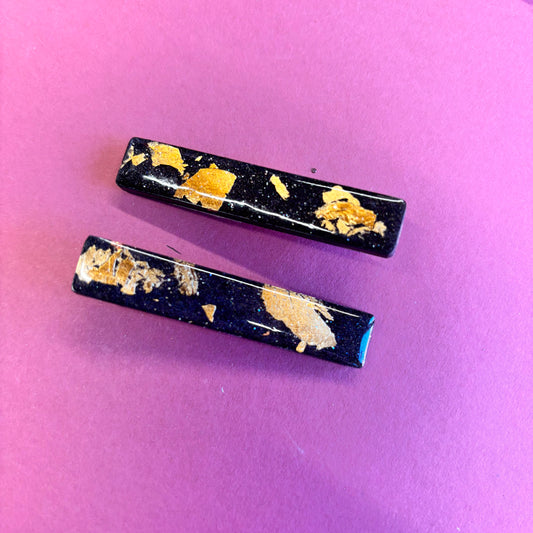 2 Black and Gold Foil straight Hair Clips