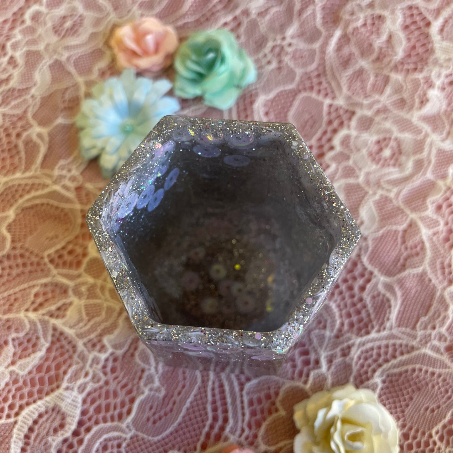 Silver Glitter and white sequin Resin Glue Pen Pot