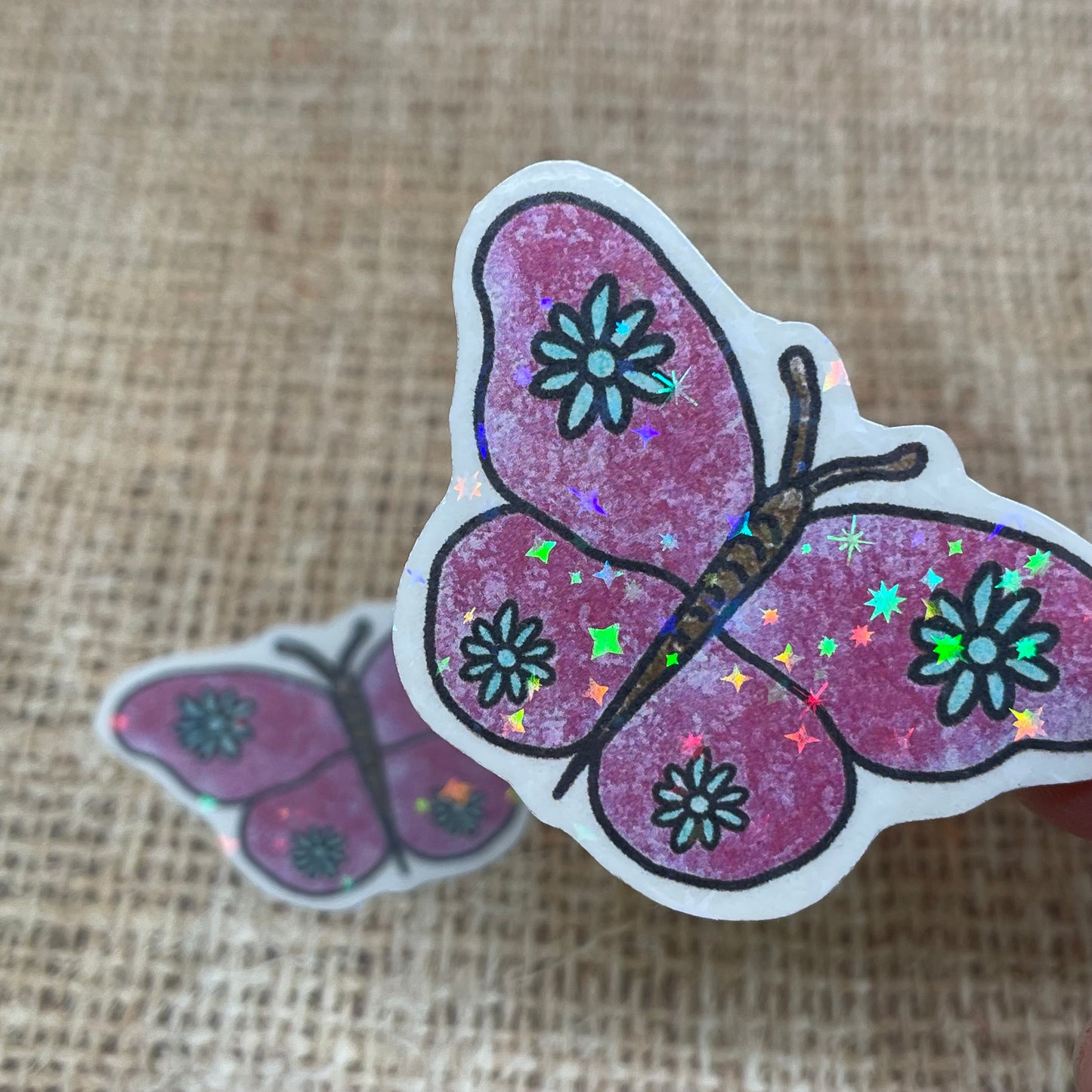 2 pcs Pink Butterfly Holographic Stickers