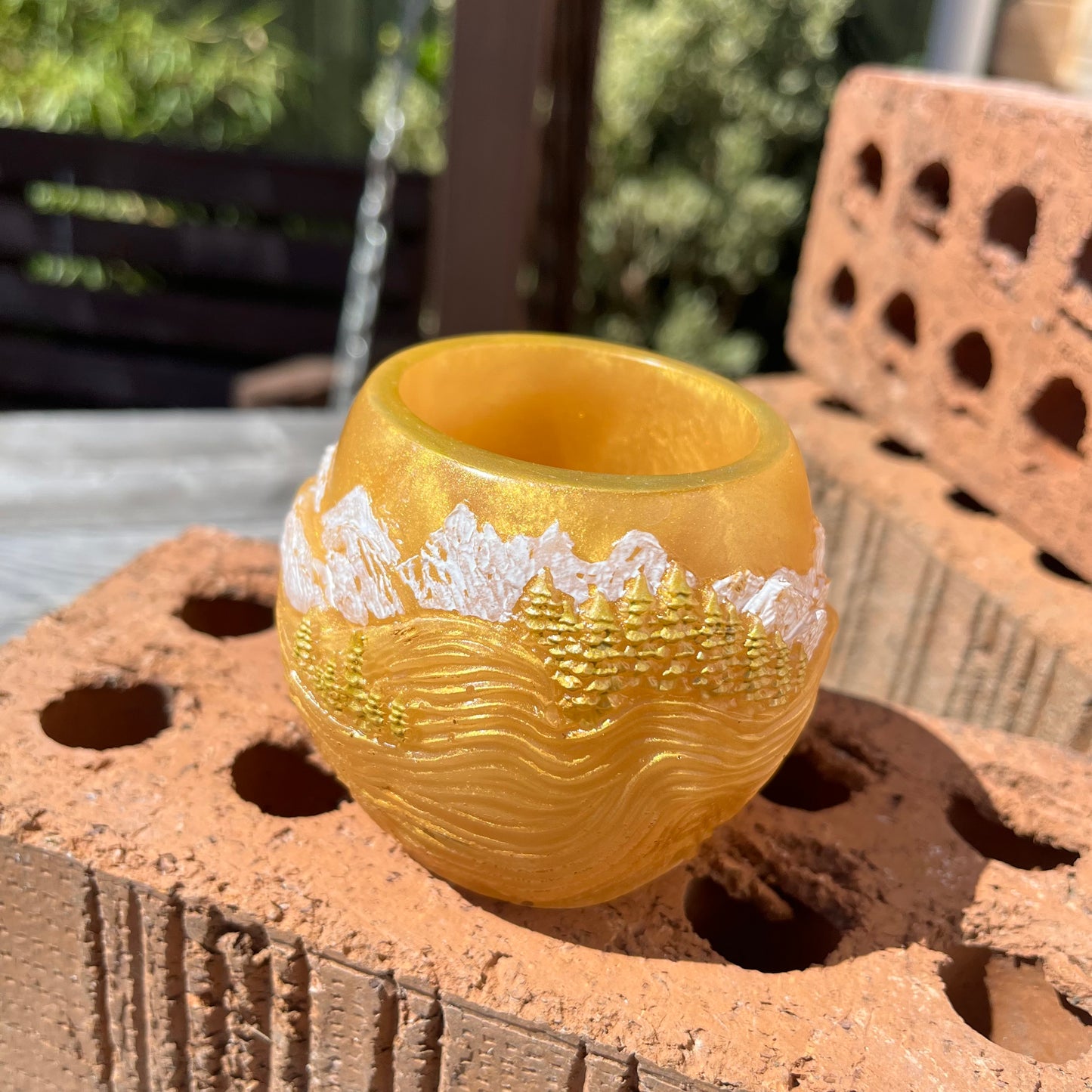 Gold and White Winter Scene Resin Pot