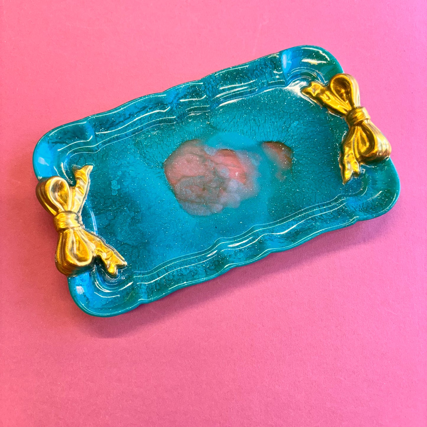 Teal with Gold Bows Trinket Tray