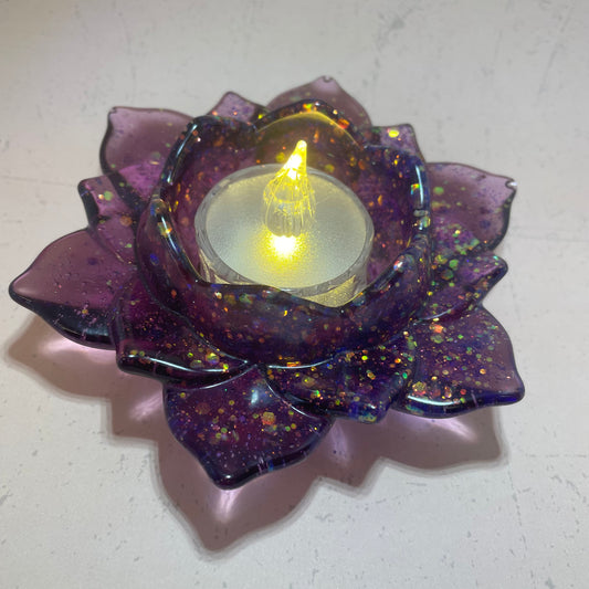 Transparent Purple Glitter Resin Lotus Candle Holder
