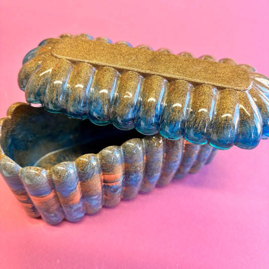 Blue and Gold Oval Lidded Pot