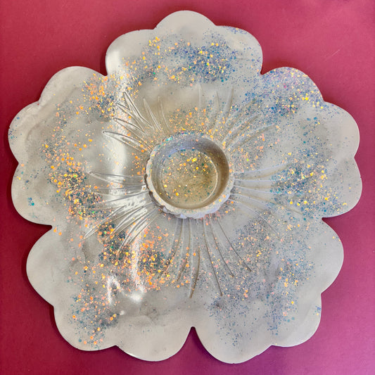 Large White Glitter Flower Tray
