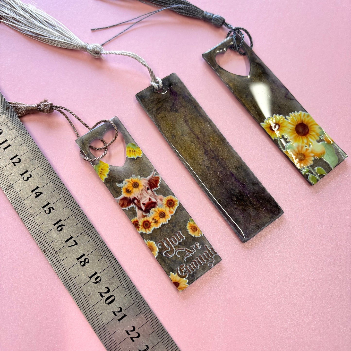 Set of 3 Resin Sunflower Highland Cow Bookmarks With Tassels