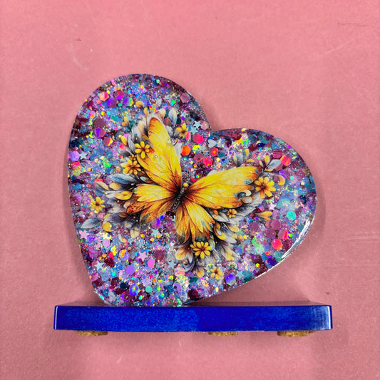 Large Yellow Butterfly Glitter Heart Standing Plaque