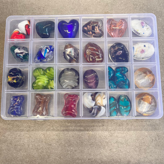 Small 24 Compartment Box Of large lampwork Assorted Beads set 1