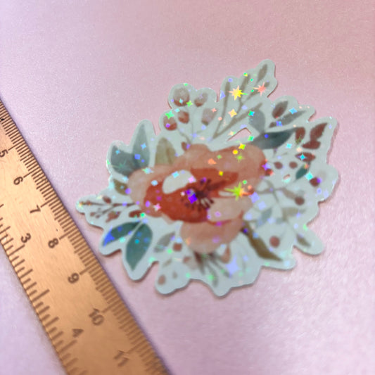 Delicate Roses Peach Florals Die Cut Sticker in Holographic