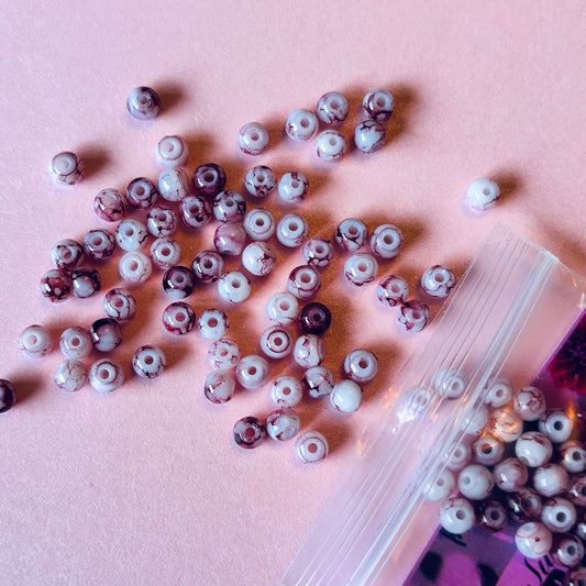 100 pcs 4mm White And Dark Red Marbled Glass Beads