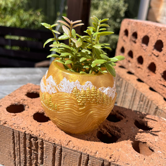 Gold and White Winter Scene Resin Pot