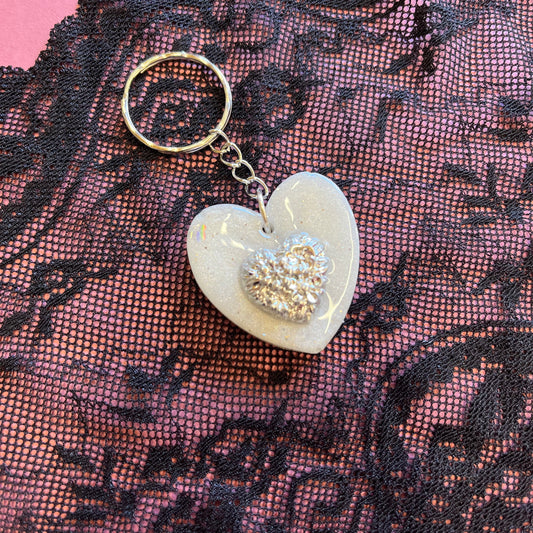White pearl Glitter Heart Keyring