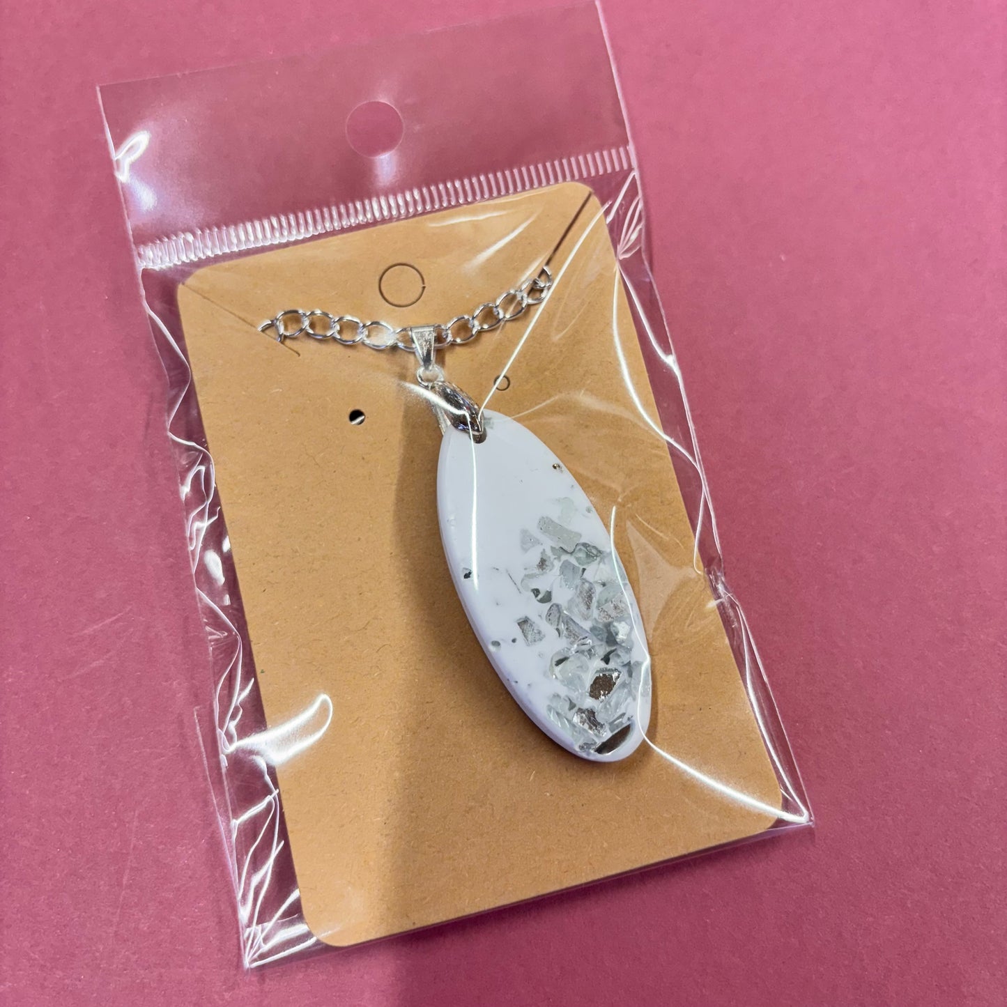 Oval Silver Mirror Crushed Glass Stones Eco Resin Pendant