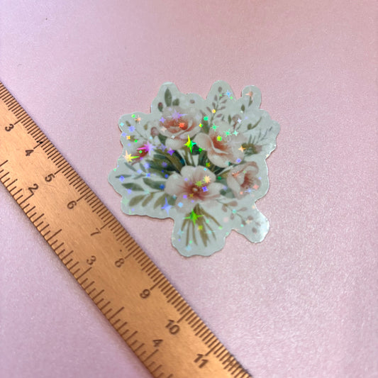 Delicate Roses Flower Bouquet Die Cut Sticker in Holographic