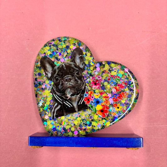 Large French Bull Dog Glitter Heart Standing Plaque