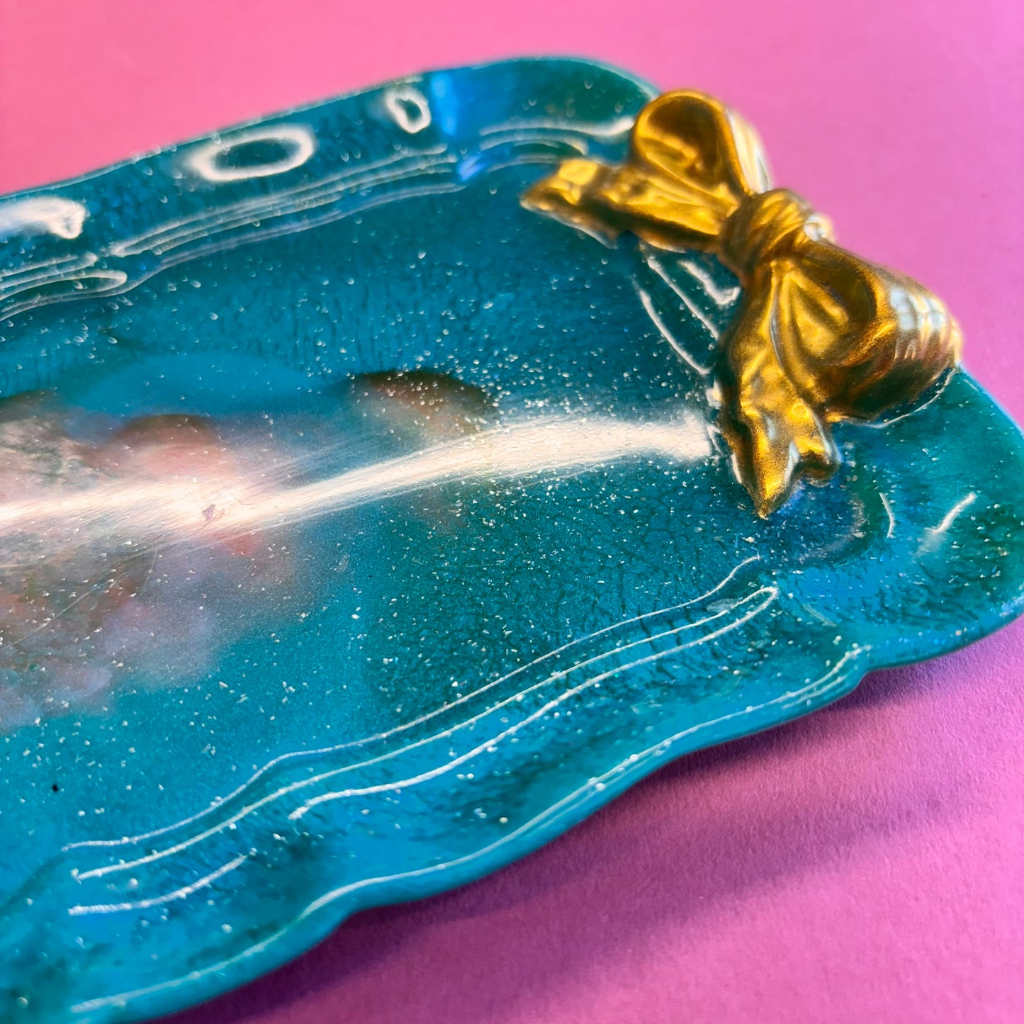 Teal with Gold Bows Trinket Tray