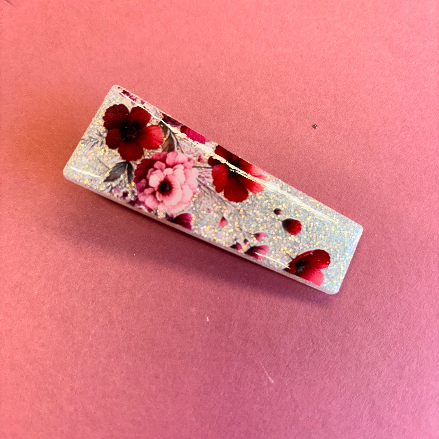 White Glitter With Floral Design Hair Clips