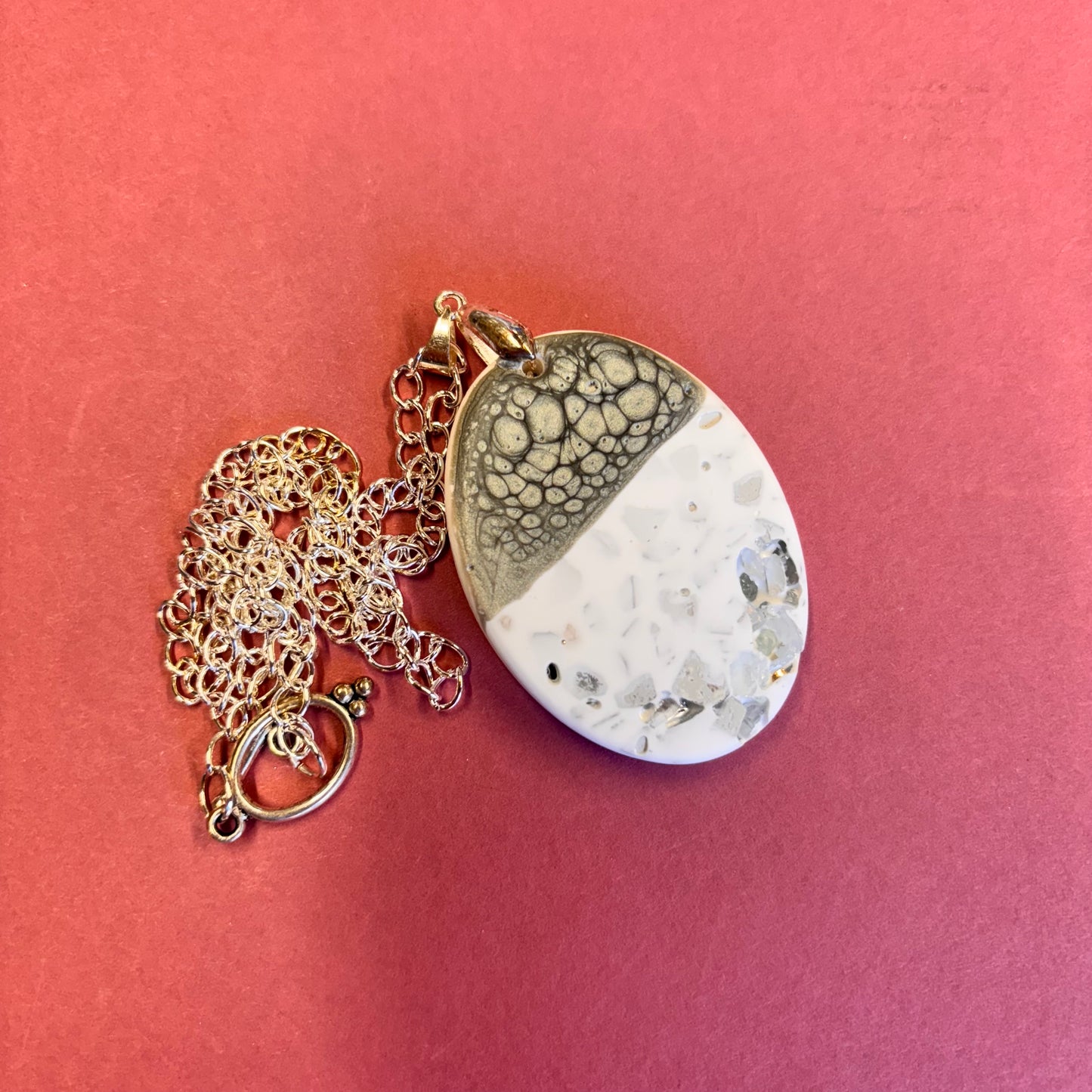 Grey Oval Mirror Crushed Glass Stones Eco Resin Pendant