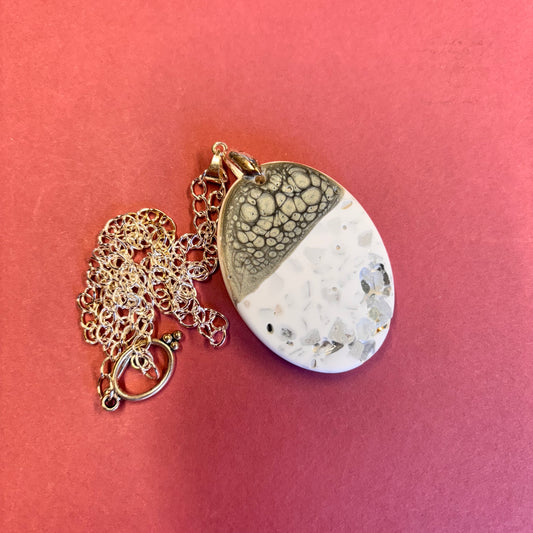 Grey Oval Mirror Crushed Glass Stones Eco Resin Pendant