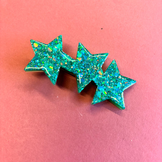 Teal Glitter Star Design Hair Clips
